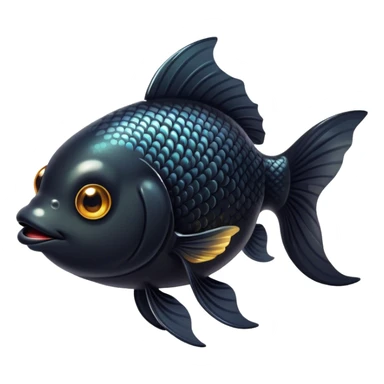 Cinematic Cute Black Goldfish Portrait Emoji, Head tilted playfully and inquisitively, featuring a glossy, deep black body with shimmering scales and round, sparkling golden eyes filled with curiosity, Simplified yet irresistibly adorable features, highly detailed, glowing with a warm, friendly glow, high shine, affectionate and lively, stylized with a touch of whimsy, bright and endearing, soft glowing outline, capturing the essence of a mischievous yet loving goldfish, so playful it feels like it could swim out of the screen and into your heart! sticker