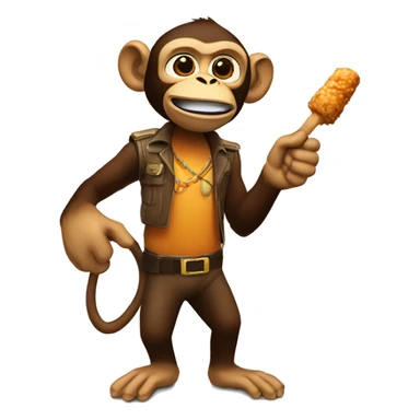 Front facing Monkey pointing blaster forwards in left hand and holding a fried chicken drum stick in right hand  sticker