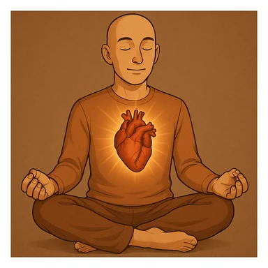 Person is meditating and his heart is glowing and shining, general style, with a real organ heart form sticker