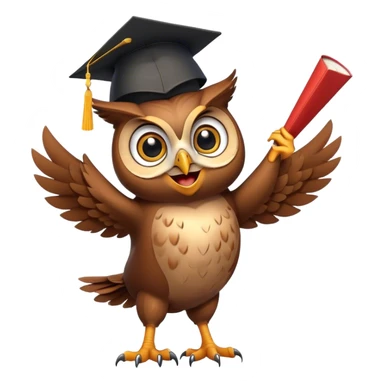 Owl smiling and dancing with graduation hat and diploma in claws sticker