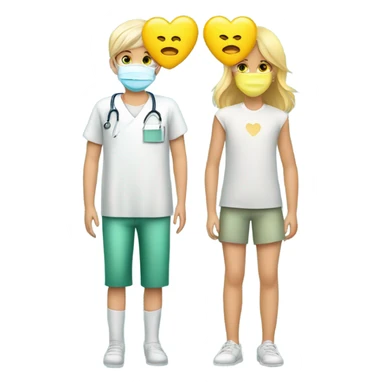 Two blonde children, sick, each in their own bed, wearing surgical masks, one Boy, one girl, at home, get well soon sign with yellow heart sticker