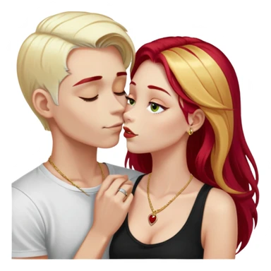 couple kissing, girl with long cherry red hair, blonde eyebrows, gold A necklace, boy with SHORT PURE WHITE HAIR (not blonde, not gray, but WHITE like snow), dark t-shirt, silver ring sticker
