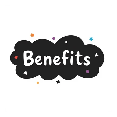 The word "Benefits" hand-drawn in white text with a dark background and just a few colorful accents. Simple doodle style with minimal decoration. sticker