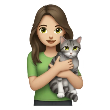 Brunette girl with green eyes holds a British cat in her arms, gray tabby with brown eyes sticker