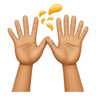 A 3D Apple-style emoji showing two different cartoon hands clapping together in a fun "high five / slap" gesture, only hands visible, with small motion lines and cheerful energy around, colorful and playful design sticker