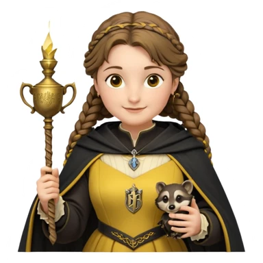 Helga Hufflepuff,the Hogwarts founder of Hufflepuff,brown-haired,2braids,yellow-black medieval dress with black cloak decorated with gold braiding,flickering magic wand and tiny two-handled shiny gold cup engraved with the badger silhouette,very kind smile,curvy busty sweet sticker