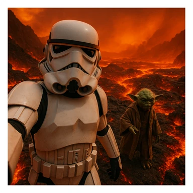 Camera POV, Starwars stormtroopers vlogging selfie, he is walking on lava planet with yoda sticker
