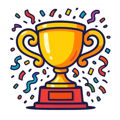 cartoon style trophy with confetti, festive, colorful, exaggerated features sticker