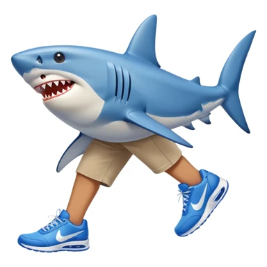 shark on the beach with human legs wearing blue Nike shoes, emoji style sticker