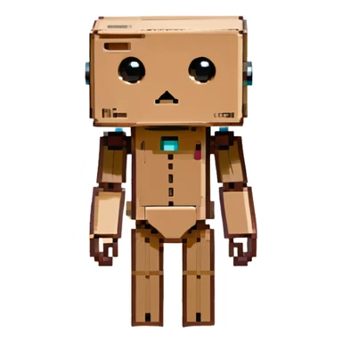 small cardboard robot named Danbo standing alone in a softly lit room, square head with two round black eyes and a small rectangular mouth, folded cardboard body, jointed arms and legs, warm wooden floor, soft shadows, cartoonish, clean lines, pastel colors, cozy and nostalgic atmosphere sticker