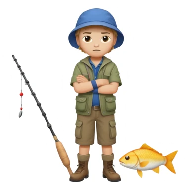 A boy with crossed arms, looking annoyed, dressed in fishing clothes full body sticker