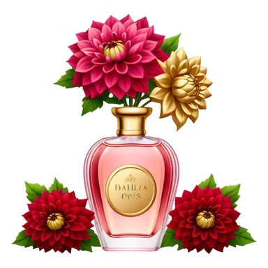 An elegant perfume bottle in Angel Pink with intricate golden details, standing beside a lush bouquet of Vivid Red and Deep Red Dahlias, softly illuminated in a romantic, warm glow sticker