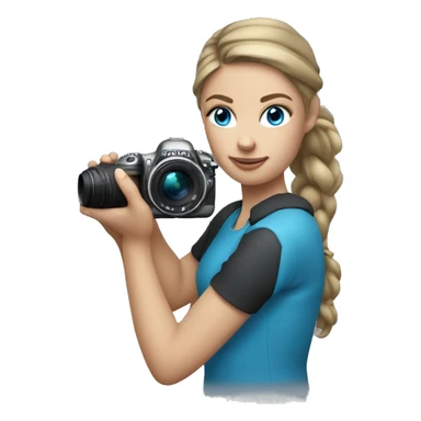 Girl with dark blonde loose ponytail and BLUE eyes Holding a Nikon Camera in her hands sticker
