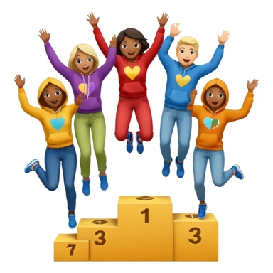 multi-racial group on a winners’ podium with middle step higher, no numbers on podium, colorful jeans t-shirts and hoodies, one person jumping, excited fun expressive emoji style sticker