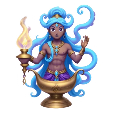 mystical fantasy illustration of a powerful jinn emerging from an ancient golden lamp. Glowing blue and purple smoke spirals upward in a smooth circular motion, creating the illusion of a looping animation.  sticker