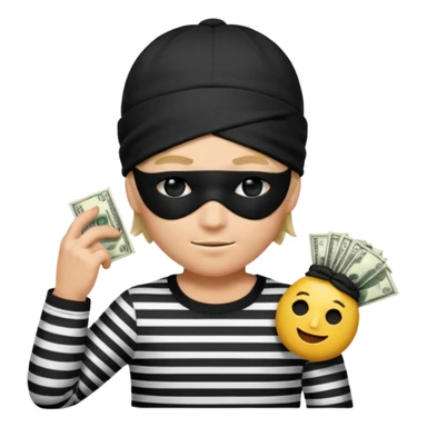 a short ios emoji-style portrait of a classic burglar, a black eye mask (looks like a blindfold) and a black-and-white striped shirt. emoji-like hair, black hat, ONE bag of money 💰 with a dollar sign in a right corner sticker