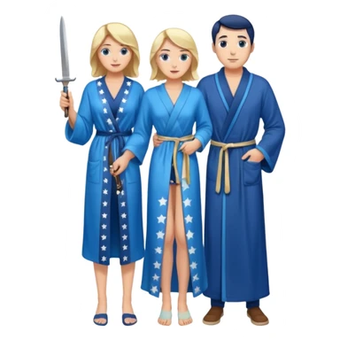 An upright Europe (a tall woman), wearing a blue, flowing robe with stars on the hem. In the background stands a man, with a knife
He has to stand behind her. the top of the knife to her back sticker