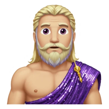 Zeus from Olympus Gods with long blonde hair and beard, purple sequin loincloth sticker
