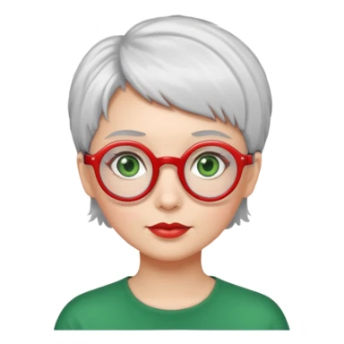 visage femme a lunettes ronde rouge avec cheveux courts gris-blancs aux yeux verts sticker