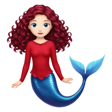 A thin mermaid with long curly dark brown hair with fair skin and blue eyes, red clothes and a red fin in an elegant pose sticker