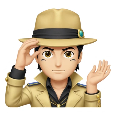 An emoji of jotaro Kujo from JoJo's Bizzare Adventures part 3 with his hand holding the tip of his hat downwards covering both of his eyes sticker