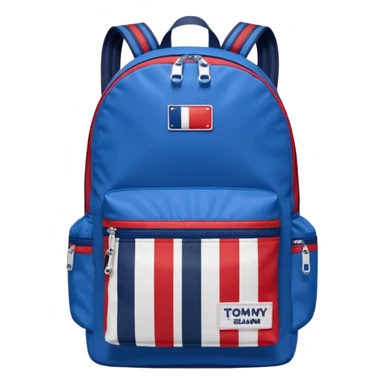 simple blue backpack, at the bottom pocket there is a  one tommyjeans logo featuring a Tommy Jeans-inspired logo. The logo looks like a vertically-flag in red, white. The flag stripes are vertical, not horizontal. Flat

 sticker