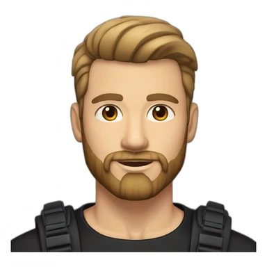 White man with slight tan, brown eyes and hair. He has beard stubble and mustache trimmed. Wears black clothing. His hair is an symmetrical undercut with side fade, styled sideways sticker
