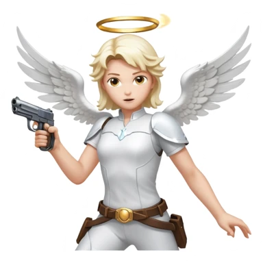Angel dual-wielding pistols, shooting, dynamic action pose, glowing wings, no background














 sticker
