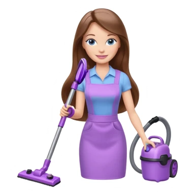 beautiful barbie girl with long brown hair, blue eyes and wearing light purple clothes, cleaning and vacuuming sticker