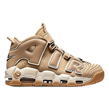 Minimalist beige Nike Air More Uptempo sneakers with one sneaker positioned behind the other, clean simple design with AIR lettering sticker