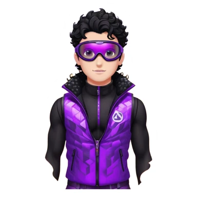 male athlete with white skin and moderately curly black hair on top with shaved sides, wearing ski goggles with purple frames and very dark black lenses, a simple plain black chain necklace, and a completely unzipped shiny vest with purple and black sequin fire pattern design, fully revealing his chest and abs, no earrings sticker