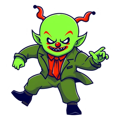 evil clown warrior, bald, small black satan-like horns on forehead, fangs, pointed ears, black and military green leisure suit with bellbottom pants, realistically proportioned, less bulky, full body, battle-ready fighting posture sticker