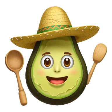 playful avocado in guacamole, with a sombrero and a mallet above its head, iOS emoji style sticker