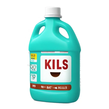 Turquoise Mouthwash bottle with white stickers and brown tap , the white stickers have red letters that say kills 99% of batería  sticker