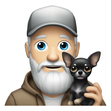 Handsome blue eyed man, with grey hair,  and grey goatee beard, wearing ball cap, holding ‘a black long hair chihuahua’ sticker