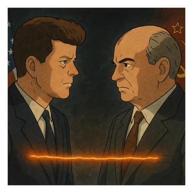 realistic illustration of John F. Kennedy and Mikhail Gorbachev facing each other, a glowing hot wire connecting them, US and Russian flags, tense Cold War atmosphere sticker