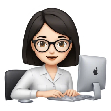 girl with black brown bob hair wearing glasses is winking while working on a computer sticker