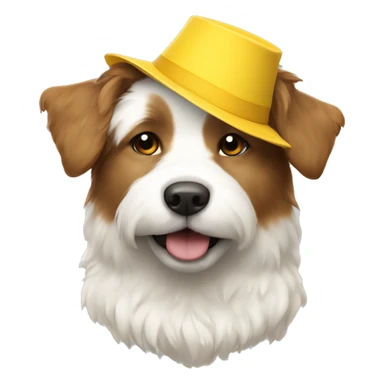 white and brown fluffy dog wearing a yellow paper hat sticker