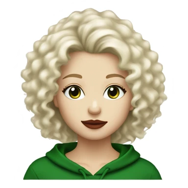 A beautiful white blond girl with fluffy hair, long length, red lips, green eyes, black hoody sticker