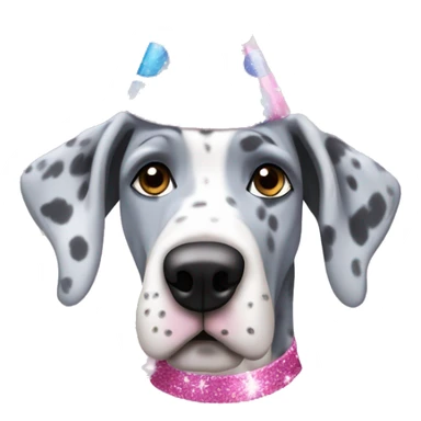 Blue Merle Great Dane wearing pink party hat with sparkles sticker