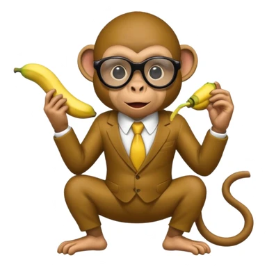 Make a suspicious emoji  that looks like a monkey in a mafia with mafia fully black glasses covering the eyes eating a banana in monkey pose sticker