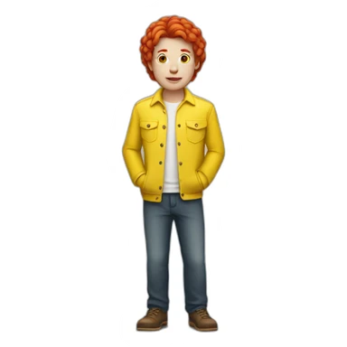 A person dressed in yellow, with red hair and white skin sticker