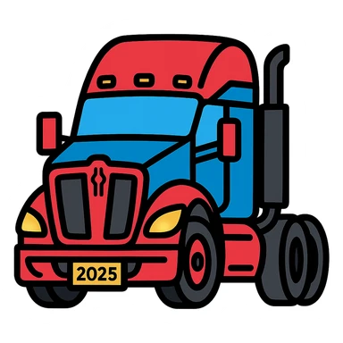 Detailed vector illustration style close-up of a 2025 Kenworth T680 truck in black, 45-degree front angle, headlights on, no background. sticker