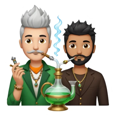Brass hookah with green design on a glass water base on the top; with two smoke pipes where people are holding them and smoking - one white guy with spikes (silver and black hair) and another Tamil handsome with little beard Indian guy. The Tamil guy is not having spiky hair  sticker