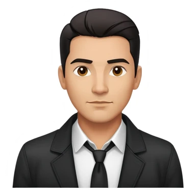 Attractive Hispanic TV host in his mid to late 40s with light brown skin, short straight black hair slicked back with fade on sides, square handsome face with strong jawline, friendly approachable expression, wearing open black jacket revealing white buttoned shirt underneath sticker