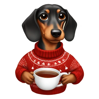 Dachshund in a Christmas sweater with a Christmas cup of tea sticker