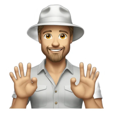small businessman,Bucket Hat,smile, Brad Pitt, rings on his fingers, beard sticker