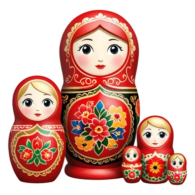 Wood painting icon, painted wooden matryoshkas (nesting dolls) of various sizes, vase, small wooden box, visible carving tools, paintbrushes, traditional patterns in bright colors like red, gold, and black, no finished artwork, just the crafting process, minimalistic style, clean lines, transparent background. sticker