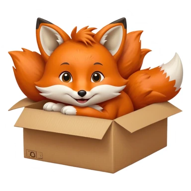 playful fox curled up in a cardboard box, big eyes, kids toy vibe sticker
