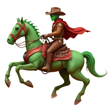 An alien cowboy riding a mechanical horse across a red Martian desert, two moons in the sky, dust storm swirling, wide cinematic shot, dramatic composition, hyper detailed, sci-fi western fusion sticker